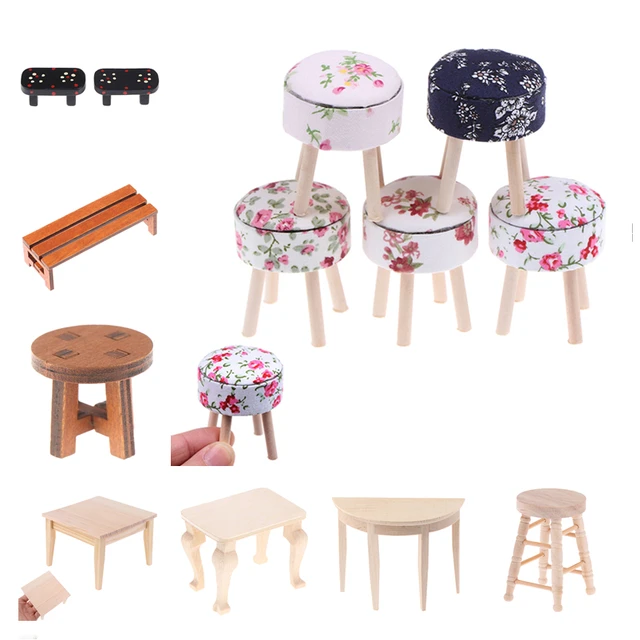 1/12 Scale Dollhouse Miniature Wooden Table Furniture Round Floral Stool Chair for Dolls House Decor Kids Pretend Play Toy 1