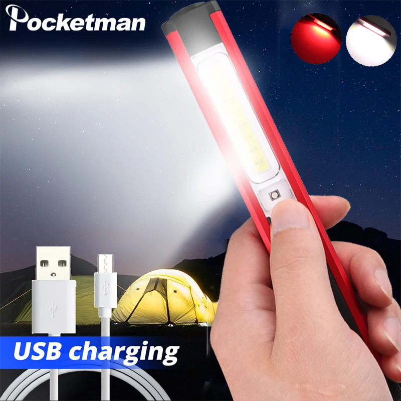Светодиодный COB рабочий светильник USB Перезаряжаемый белый или красный мигающий светильник Магнитный фонарь Гибкая контрольная ручная лампа уличный точечный светильник