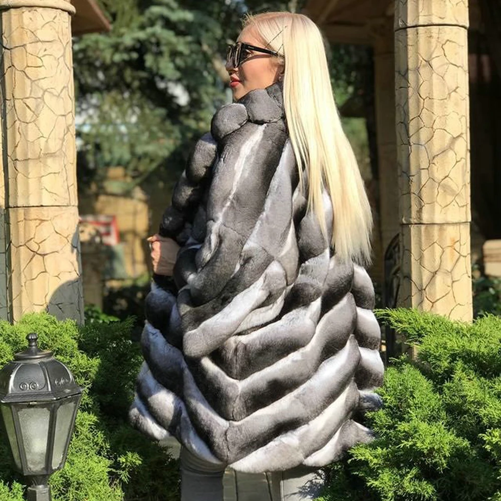 Women Real Rex Rabbit Fur Coat Turn-down Collar High Quality Winter New Whole Skin Genuine Rex Rabbit Fur Coats Chinchilla Color