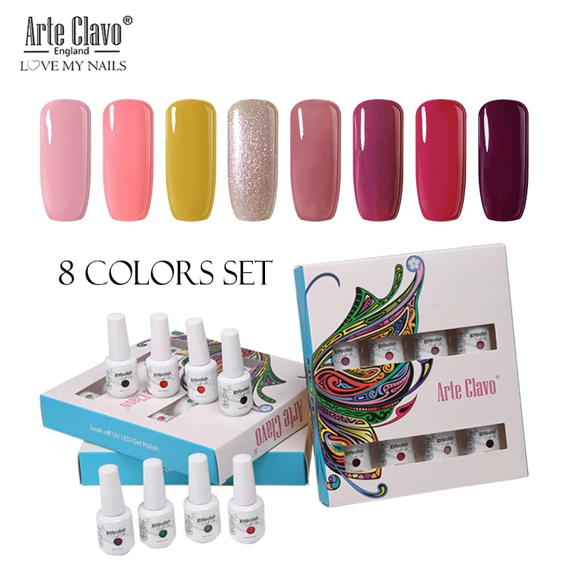 Arte Clavo 8 Colors Gift Sets Box 8ml UV Gel Nail Polish Nail Art Gel Polish Vernis Semi Permanent Nail Primer Gel Varnishes