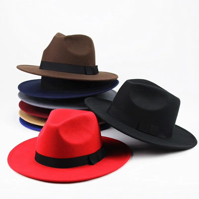 

2020 Vintage Fedora Men Wool Wide Brim Top Hat Witner Autumn for Woman Chapeau Black Church Hat Bowler Ladies women's Jazz Hats