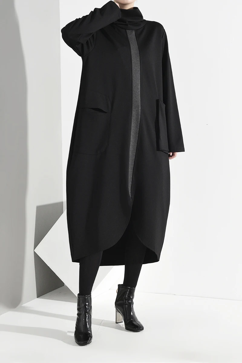 [EAM] женское черное асимметричное длинное платье с карманами, новинка, водолазка с длинным рукавом, свободный крой, мода весна-осень 1H3420
