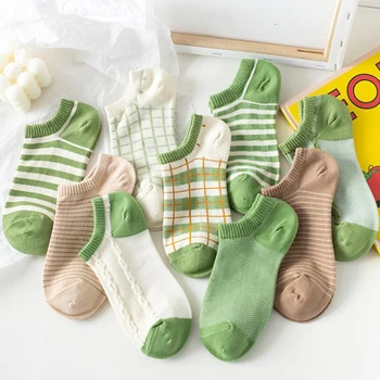 

Harajuku Green Women Socks Spring Cotton Short Socks Femme Ins Style Plaid Stripe Funny Socks Streetwear Calcetines Mujer