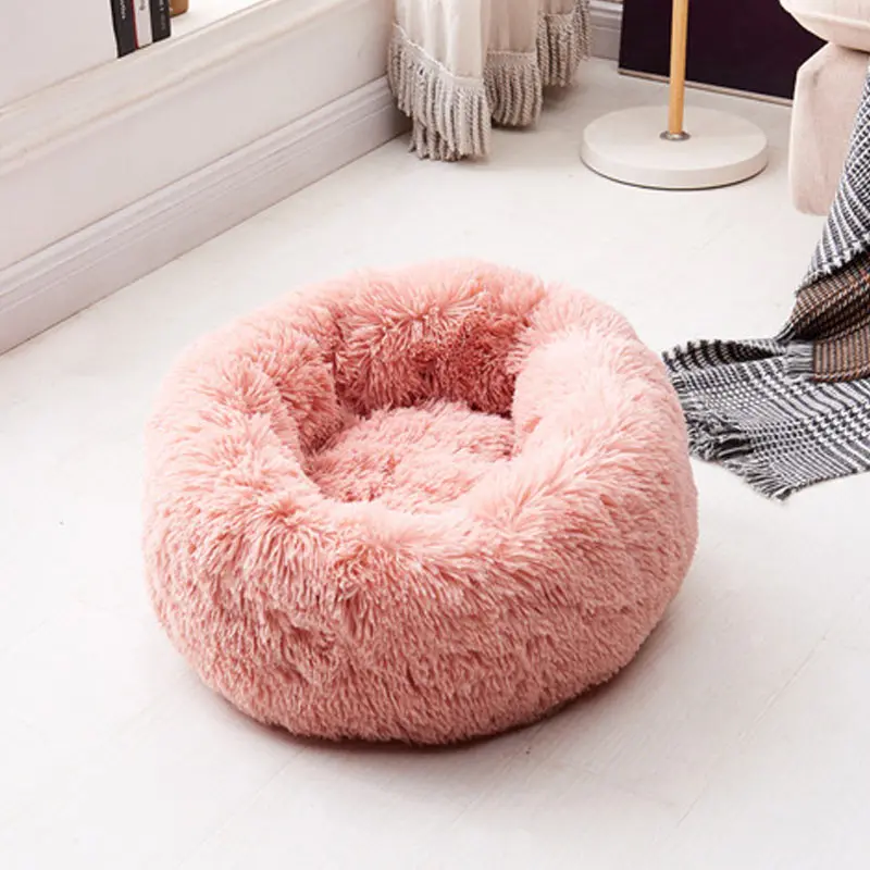 Pink Мягкая Плюшевая круглая кровать для собаки, коврик для питомца, моющийся, плюшевый, глубокий сон, кошачий домик, нескользящий, супер мягкий PV бархатный диван, зимний теплый матрас для питомца - Цвет: Pink