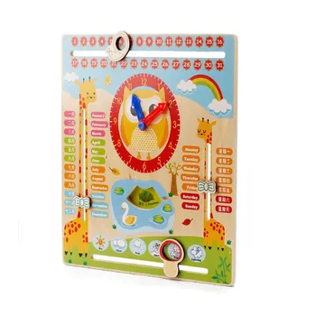 

Kids Wooden Toy Children Early Learning Developmental Multifunction Wood Hanging Clock including Calendar Clock Month Weather