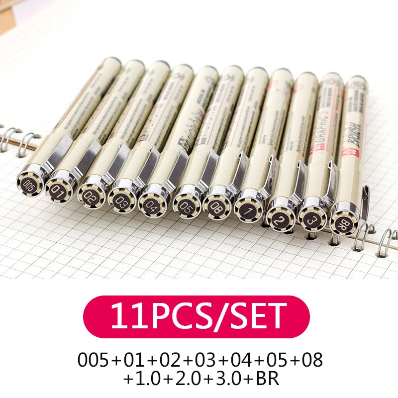 Black 11pcs Набор маркеров Pigma цветная Микрон ручка кисть для рисования 005 01 02 03 04 05 08 1,0 2,0 3,0 кисть художественный маркер - Цвет: Black 11pcs