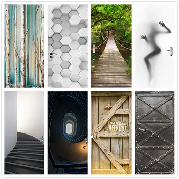 

3D Door Stickers PVC Waterproof Wood Grain Stair Creative Door Renovation Mural Self Adhesive Print Picture DIY Home Decor Decal