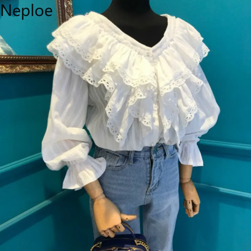 Neploe/ Новая блузка с кружевными рукавами в Корейском стиле, v-образный вырез, Лоскутная Блузка с оборками, однотонная тонкая Осенняя шифоновая рубашка 45825