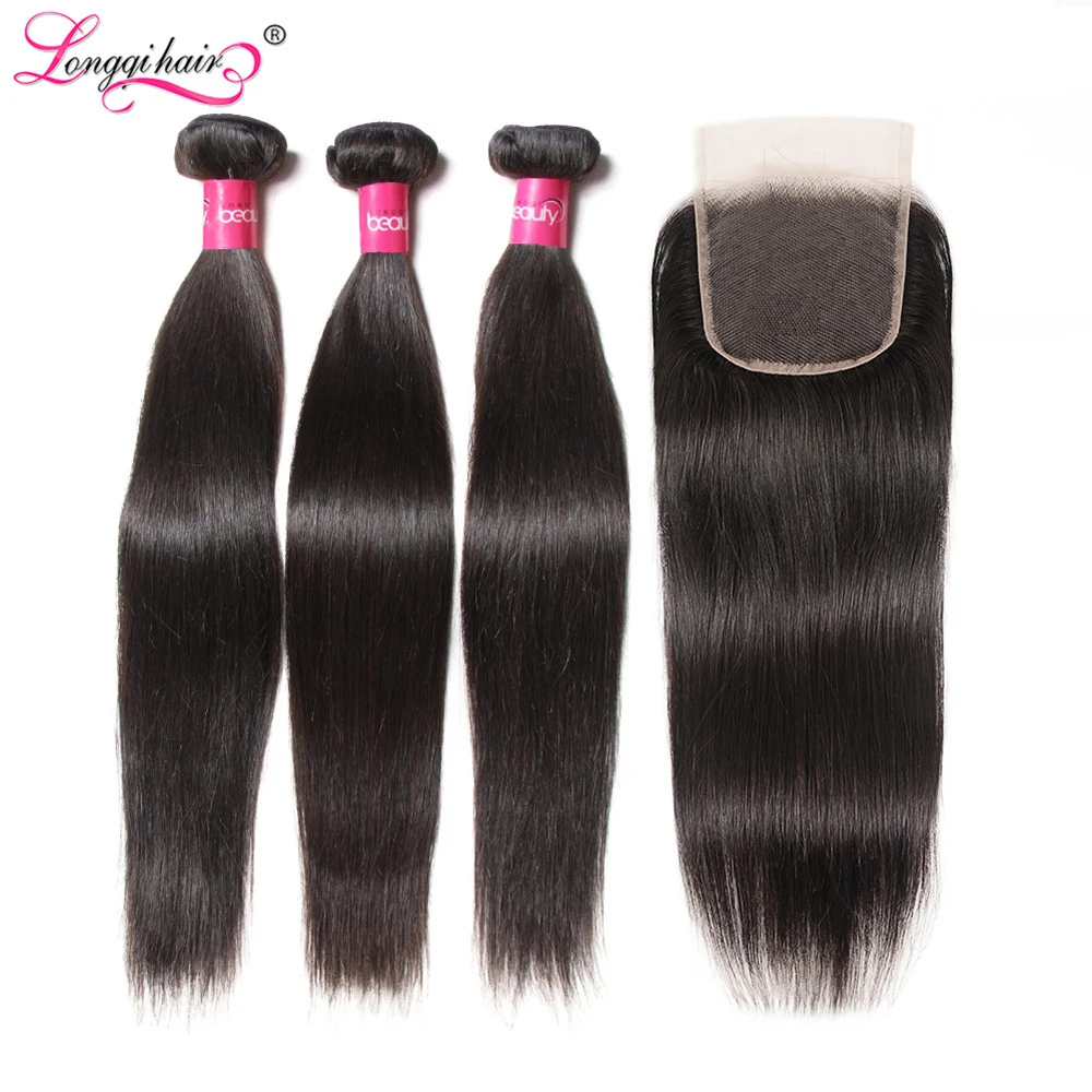 Pelo recto mechones con cierre brasileño extensiones de pelo ondulado mechones pelo Remy 3 mechones con cierre Longqi pelo humano