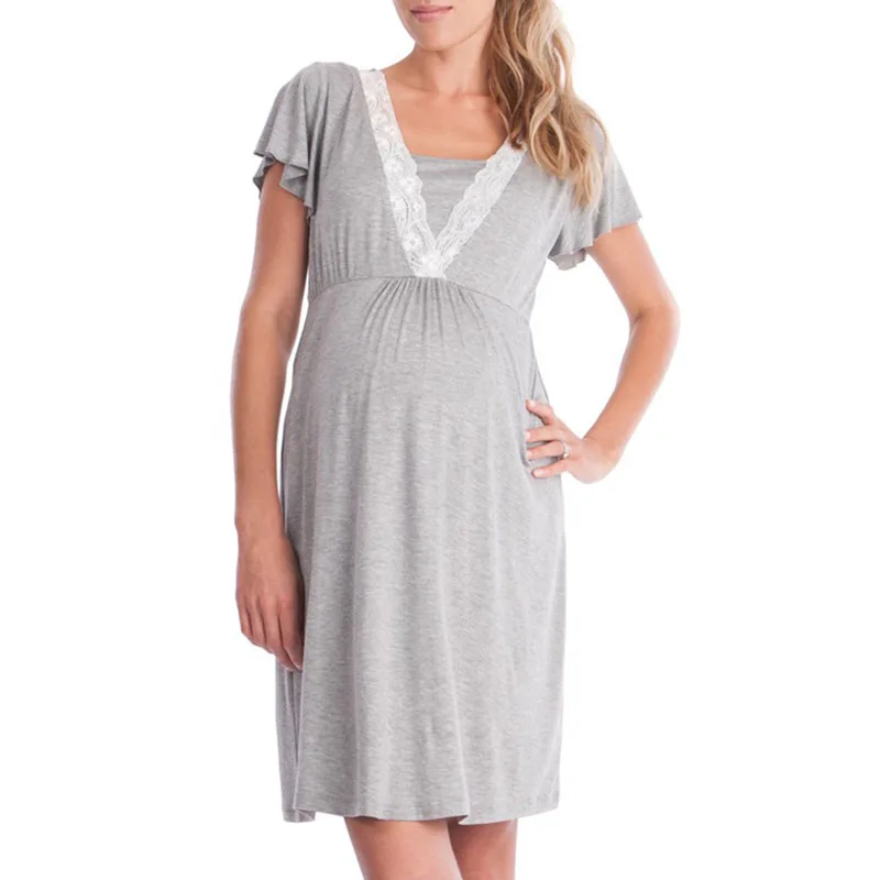 Модные многофункциональные женские кружевные пижамы для беременных, пижамы с коротким рукавом для беременных, одноцветные удобные платья