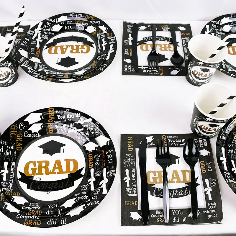 Congratulations Graduation 2021 Disposable Tableware Black Doctor Hat Print Paper Plate Cups Napkins graduation party decoration