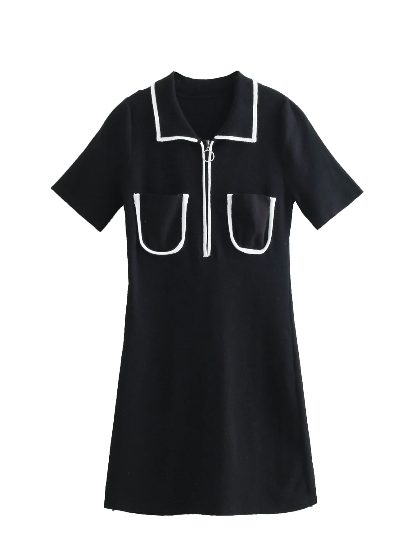 

Europe And America 2019 Spring New Style Slim Fit Slimming Versitile Fashion Short Sleeve Contrast Color Fold-down Collar Jersey