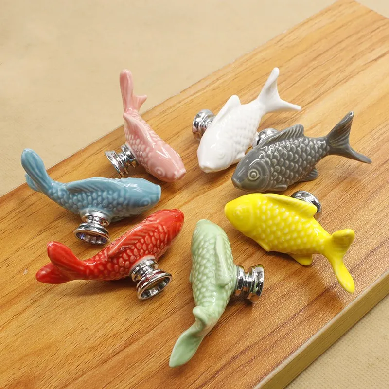 

ceramics Drawer Knobs Creative fish Shape Cabinet Pulls handle Children's room Colorful Furniture decoration Hardware