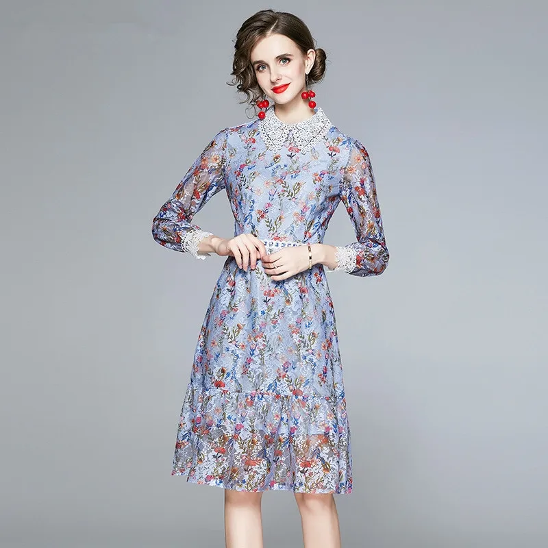 

Runway Women Elegant Lace Print Dress Festa High Quality Beading Cocktail Party Robe Femme Vintage Designer Office Vestido