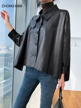 

short Women's leather leather square collar sleeve 2020 spring new single leather sheepskin jacket small coat Korean