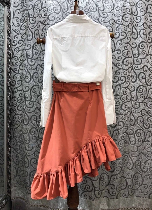 Early autumn new style women's Lapel long sleeve shirt jacket+ lotus leaf edge stitching half skirt suit 1006