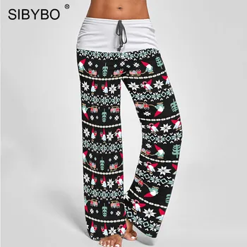 

SIBYBO Winter High Waist Christmas Pants Women Drawstring Print Cotton Loose Trousers Women Spliced New Year Casual Ladies Pants