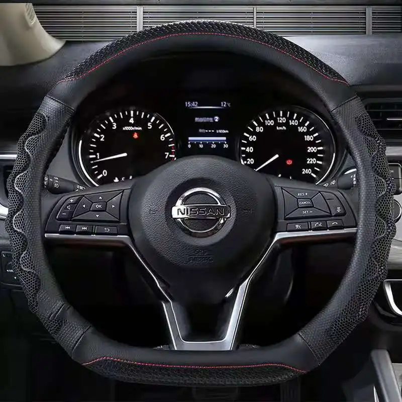 Фото Чехол на рулевое колесо D-образной формы для Nissan Rogue /Rogue Sport 2016 2017 2018 2019 2020 X-Trail 2017-2020, автостайлинг №1