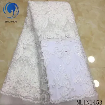 

Beautifical african lace fabrics Latest style beads lace fabric 5yards embroidery flowers sequins tulle lace fabric ML1N1453
