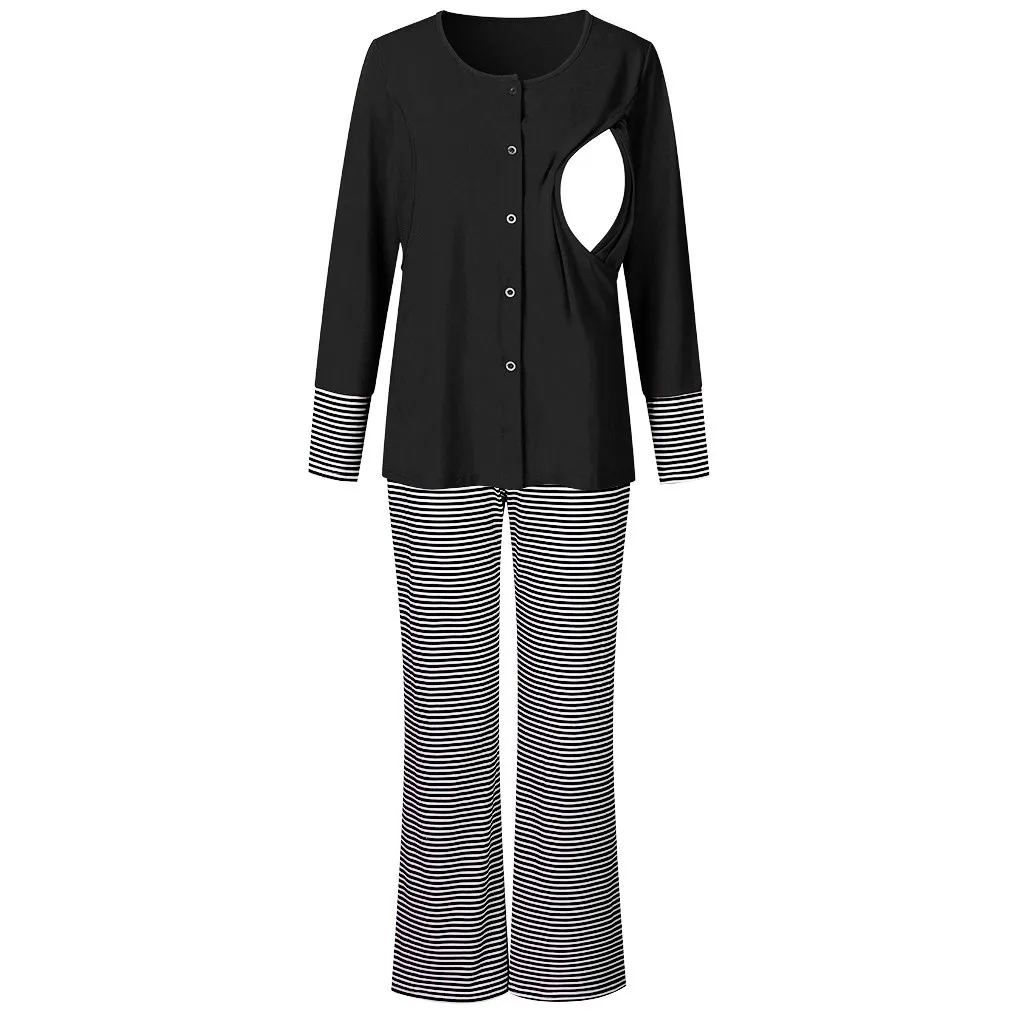 Зимняя пижама с длинными рукавами для беременных и кормящих женщин; футболка+ штаны в полоску; Удобный пижамный комплект для грудного вскармливания - Цвет: BK