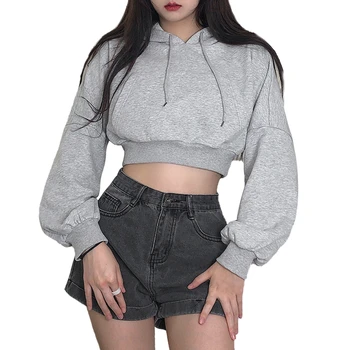 

Women's Crop Top Hoodie, Casual Long Sleeve Solid Color Loose Fit Drawstring Sweatshirt
