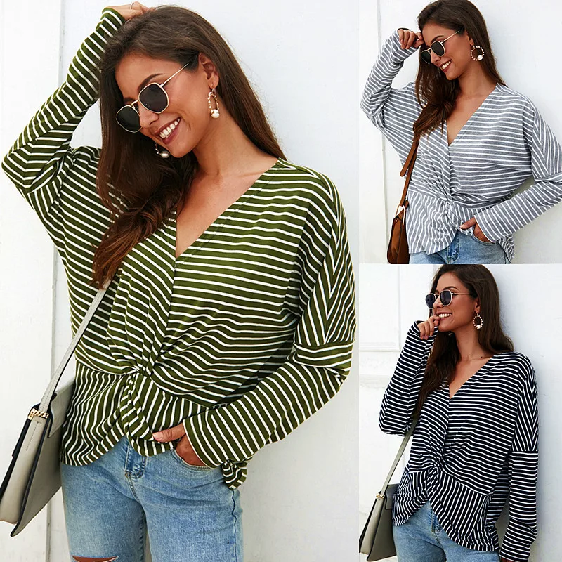 

GUMNHU Women Blouses V-neck Long Sleeve Striped Print Chiffon Casual Party Vintage Plus Size Tops Woman Clothes 2019 Autumn