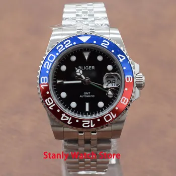 

Sapphire Bliger 40mm Black Dial Luminous Marks Waterproof Blue Red Bezel GMT Function Jubilee Automatic Movement Men's Watches