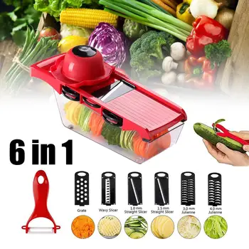 

6 in 1 Slicer Multi-Function Fruit Cutter Stainless Steel Blade with Food Container Peeler Hand Slice for Potato Onion Vegetable