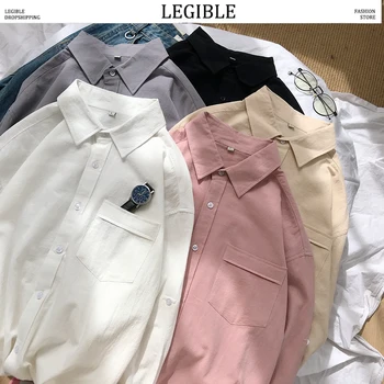 

LEGIBLE 2020 Spring Autumn Japanese Mens Half Sleeve Shirt Men's Loose Solid Color Casual Korea Shirt Male Fashion Shirts
