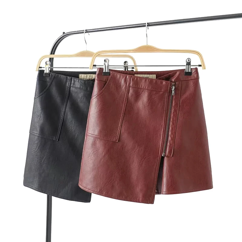 Черный Для женщин-искусственная кожа Мини-юбки женские офисные Chic искусственная кожа застежка короткая юбка карандаш для девочек Асимметричные Jupe женские юбки