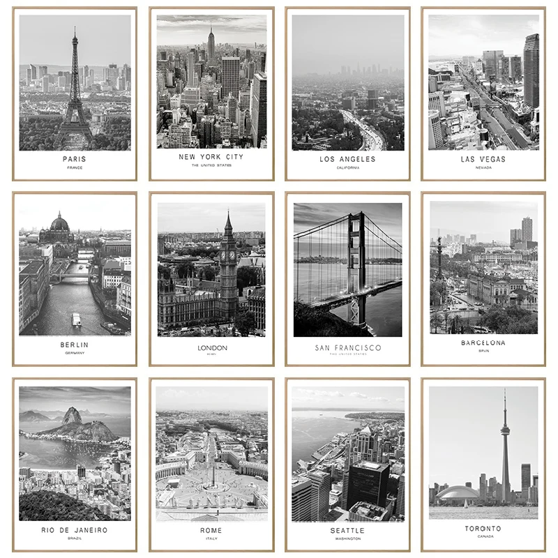 Nero Bianco Tela Pittura Mondo Città Paesaggio Parigi Londra New York Poster Stampe Stile nordico Immagine di arte della parete Decorazioni per la casa