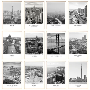 Nero Bianco Tela Pittura Mondo Città Paesaggio Parigi Londra New York Poster Stampe Stile nordico Immagine di arte della parete Decorazioni per la casa