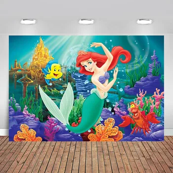 

Underwater World Ariel Mermaid Fish Photography Computer Print Background Cartoon Theme Digital Print Backdrops Birthday Party