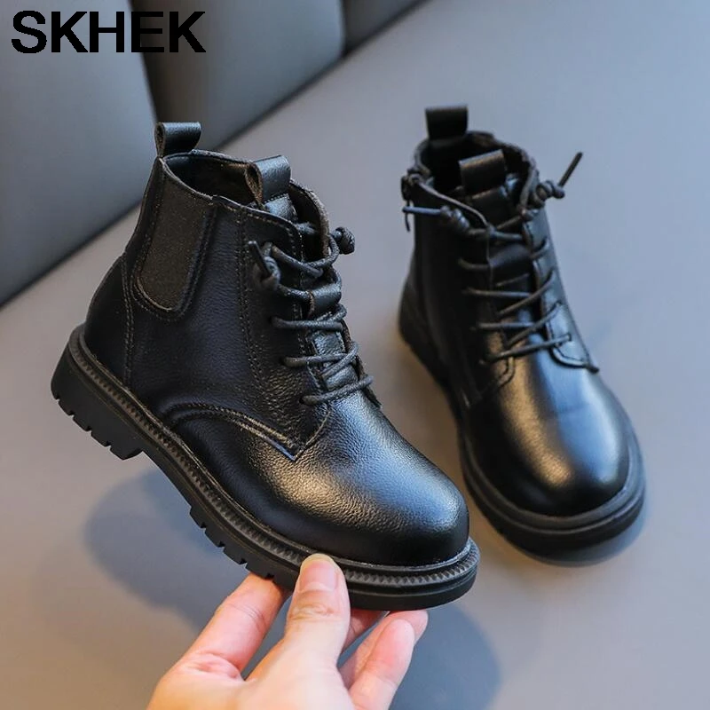 

SKHEK Martin Boots for Children Size 26-36 Short Boots for Girl PU Leather Waterproof Winter Kids Snow Shoes Girls Rubber Boots