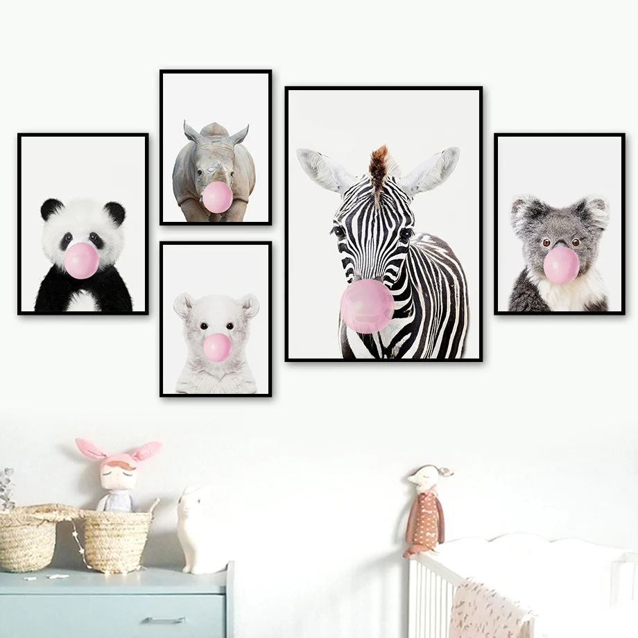 

Lion Koala Panda Zebra Elephant Canvas Painting Wall Art Pink Bubble Animals Posters Mural Cartoon Pictures for Kids Room