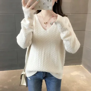 

Women V-neck Solid Color Pullover 2020 Autumn Winter Knitted Loose Womens Sweater Feamle Long Sleeve Pull Jumper