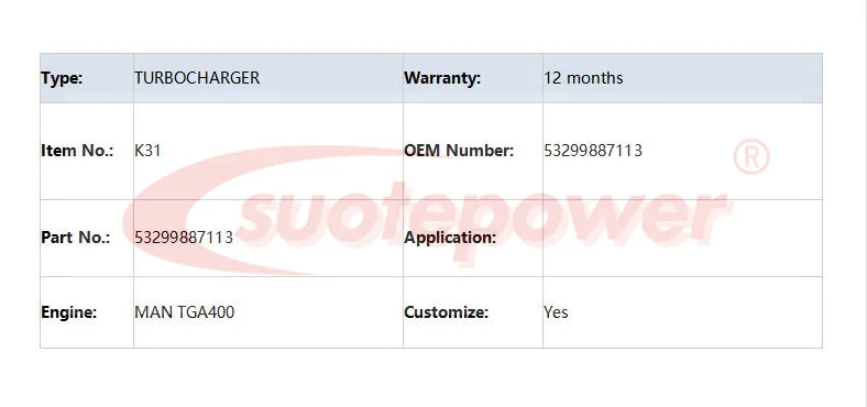 SUOTEPOWER TURBO K29 53299887113 двигатель MAN TGA400