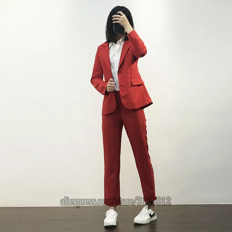 Красные женские костюмы офисный Блейзер комплект Garnitur Damski Traje Mujer костюм Tailleur Femme Pantalon Et Veste элегантные Брючные костюмы для женщин