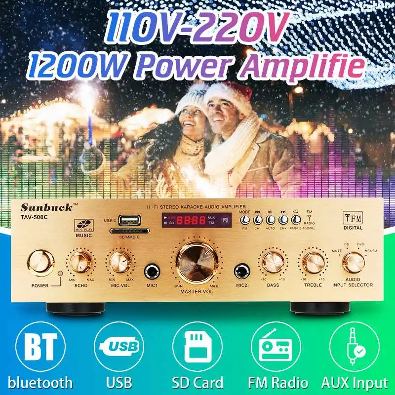

1200W Amplifier HIFI Audio Stereo DC bluetooth MP3/FM Radio Audio Power Amplifier USB SD 2* Mic input for Car Home Truck KTV