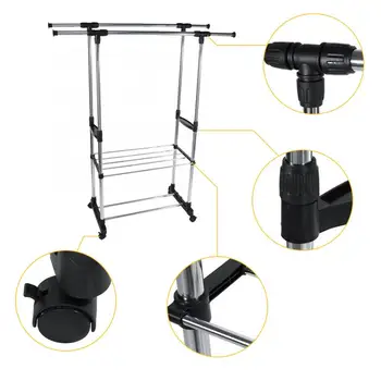 

Liplasting Adjustable Rolling Steel Clothes Hanger Organizer Garment Rack Heavy Duty Rail with Wheel Clothes Drying Wardrobe