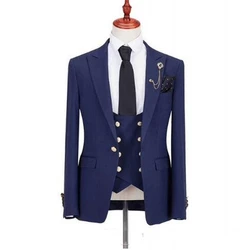 2022 New Arrival Peak Lapel Men's Navy Blue Suits Hot Sale Custom Made One Button Fashion Casual Wear Blazer 3 Pieces Skinny