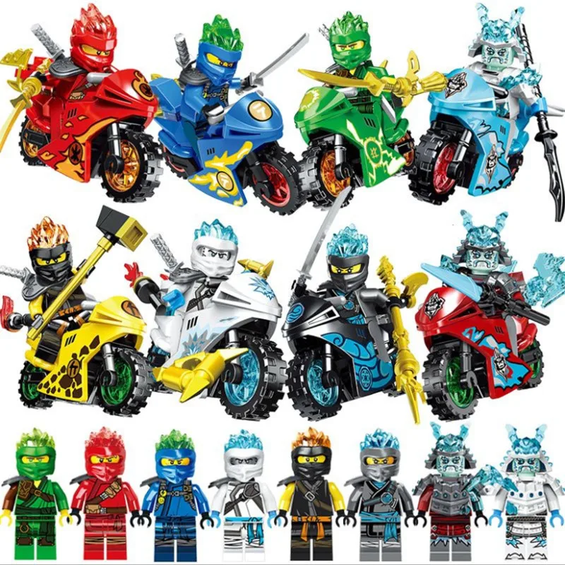 

8pcs New NINJA Figure Motorcycle Heros Kai Jay Cole Zane Lloyd Toy ninjagoingly Blocks