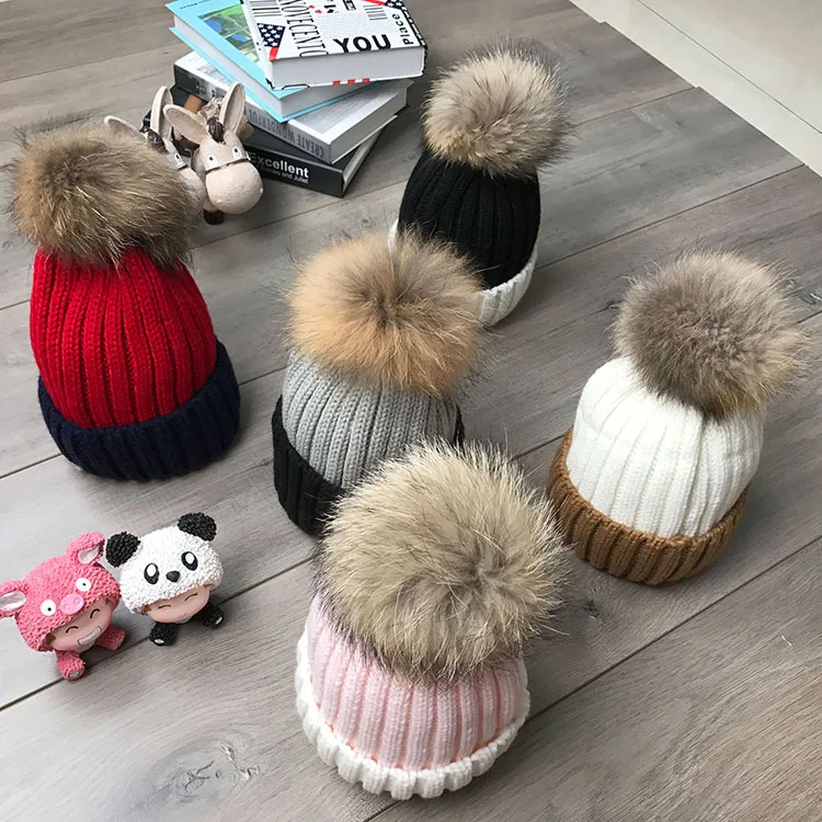 

Children Wool Cap Autumn & Winter Trend Hat Warm Thick Knitted Hat Korean-style Furry Ball Men And Women Parent And Child Set of