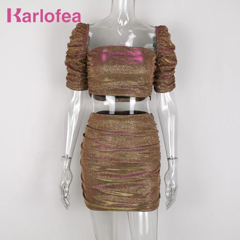 Karlofea Новый Блестящий короткий топ рубашки мини юбка с рюшами женские комплекты