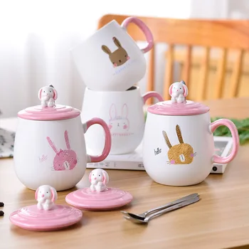 

Cartoon Rabbit Ceramic Mug Creative Hand-drawn Coffee Cup with Lid Spoon 450ml Large Capacity Breakfast Milk Juice Mugs and Cups