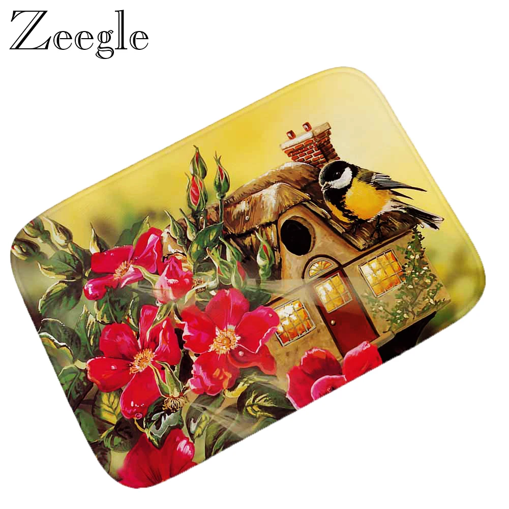 Bird Pattern Floral Floor Mat Flannel Absorbent Indoor Mat Bathroom Doormat Hallway Carpet Washable Soft Living Room Foot Mat