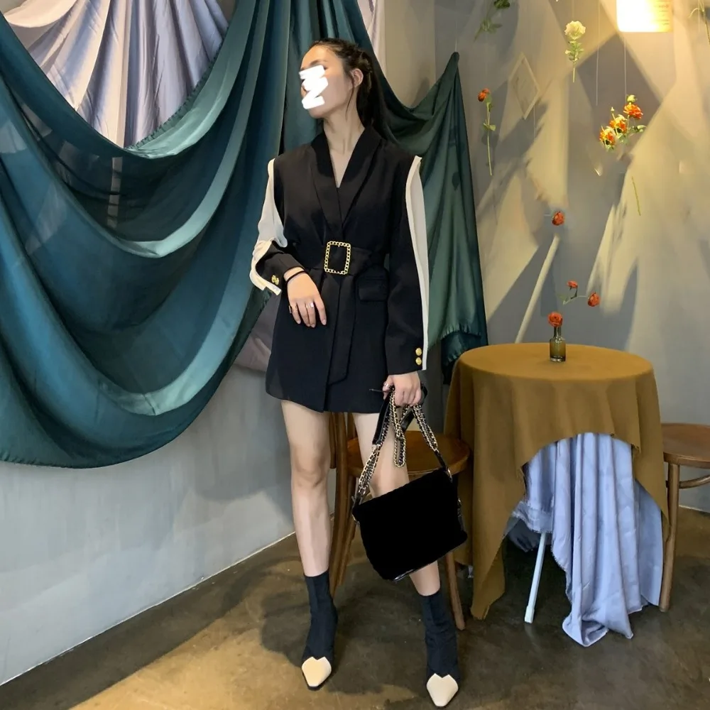 WHITNEY WANG Осенняя модная уличная одежда дизайнерский стиль сетка лоскутное Seelve блейзер с поясом женское офисное Женское пальто