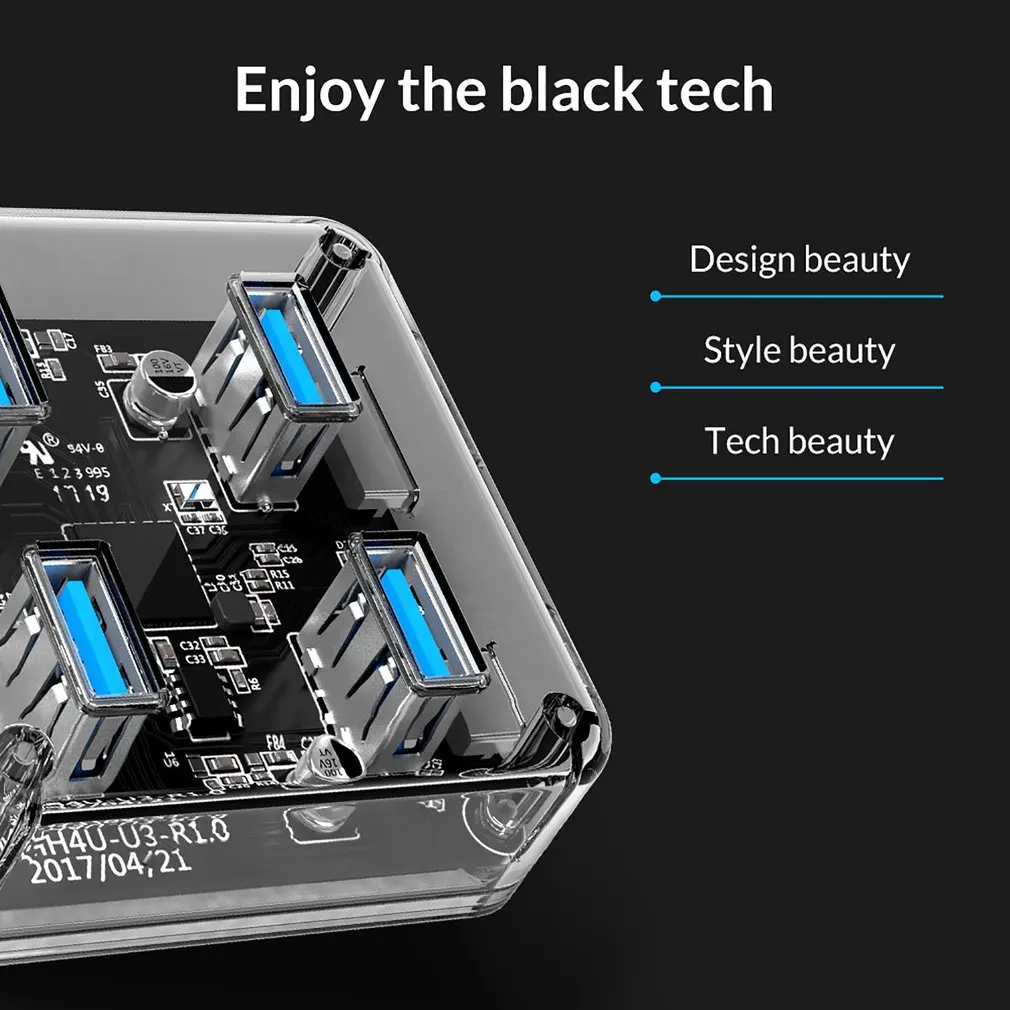 ORICO Transparent 4 Ports USB 3.0 HUB for Desktop / Laptop with 30 / 100 CM Data Cable Support External Micro USB Power Supply