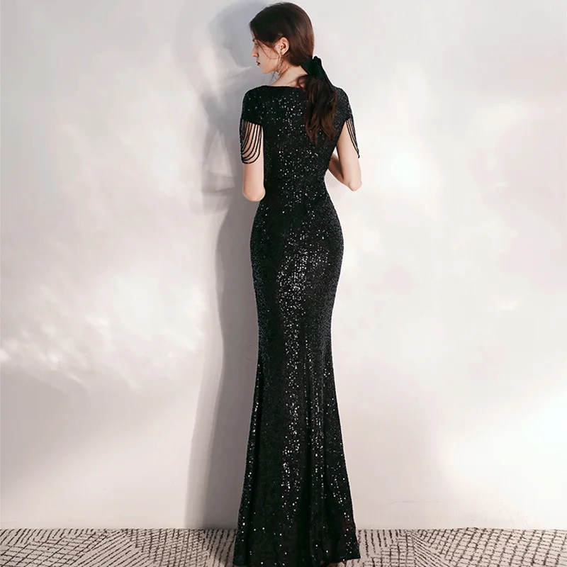Русалка Drees Черное длинное расшитое блестками Бисероплетение вечерних платьев K050 с коротким рукавом элегантные вечерние платья размера плюс сексуальный халат De Soiree