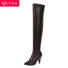 QUTAA/ г. Пикантные высокие сапоги с острым носком ботфорты из искусственной кожи без шнуровки осенне-зимняя женская обувь на шпильке размеры 34-43